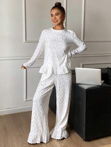 DAZY Women's Sweet Ditsy Floral Embroidery Ruffle Trim Pajama Set - White - View 5