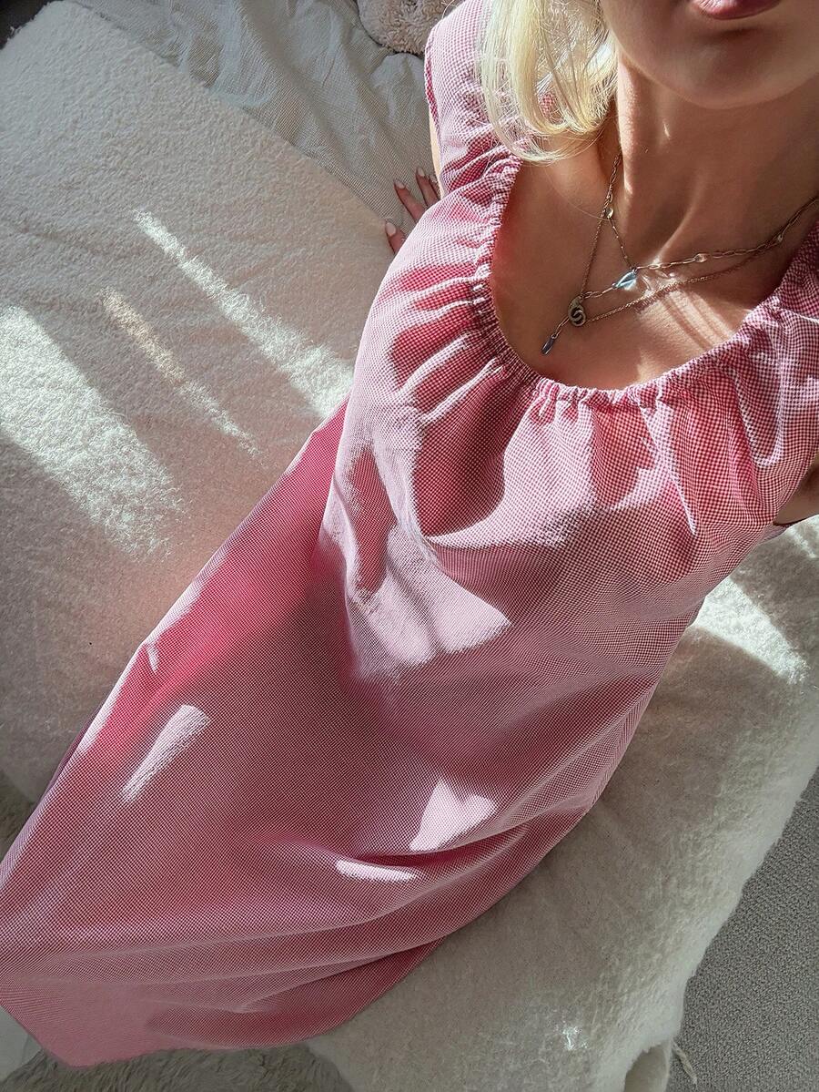 DAZY Plaid Ruched Waist Sleeveless Midi Nightgown For Women - Red and White - View 1