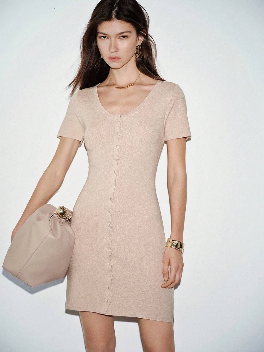 Lumivelle Khaki Deep V-Neck Fitted Short Sleeve Spring/Summer Knit Sweater Dress - Khaki - View 1