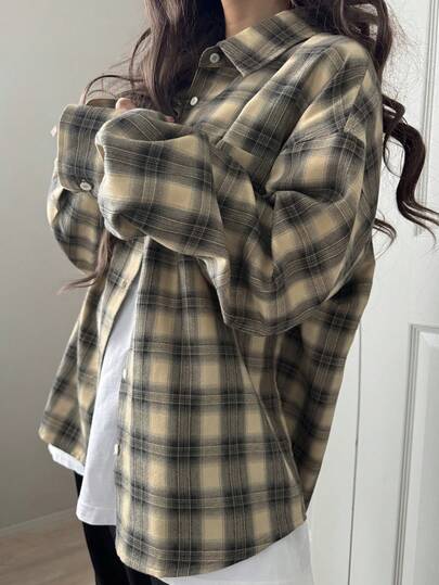 FRIFUL Chaqueta y abrigo de mezclilla casual y versátil con bolsillo, cuello de camisa a cuadros, manga larga y hombros caídos