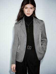 Lumivelle 女士极简单排扣翻领西装外套 - 灰色 - 查看 3
