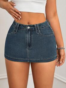 SHEIN ICON 夏季性感水洗修身迷你牛仔裙 - 深色水洗藍 - 查看 5