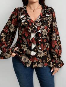 SHEIN LUNE Plus Size Women's Valentine Simple Flower Print Summer Ruffled Casual Vacation Loose Blouse, Spring/Autumn,Fall Holiday - Multicolor - View 11