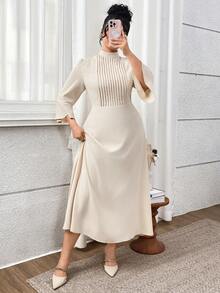 Modelyn Plus Size Elegant Solid Color Bell Sleeve Midi Dress, Suitable For Commuting - Apricot - View 6