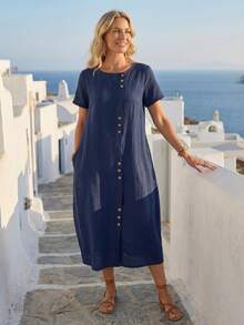 Faunlyn Vacation Casual Solid Color Front Button Dual Pocket Dress - Blue - View 4