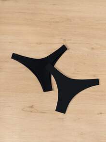 SHEIN Swim 两件套纯色比基尼泳裤套装，度假/海滩 - 黑色 - 查看 3