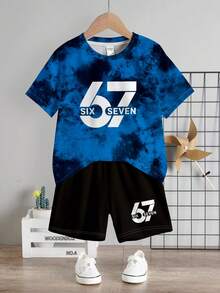 SHEIN 2pcs/Set Young Boy Casual T-Shirt And Shorts Set, Classic Cool Slogan "Seven&Six", Iconic Blue Camo Print - Multicolor - View 2