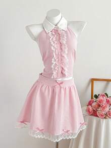 Comfortcana 女士条纹印花蕾丝拼接前扣无袖衬衫 - 粉色 - 查看 4