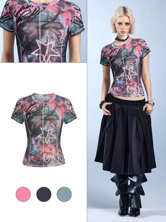 ROMWE Avant T-shirt a maniche corte da donna con stampa integrale di slogan, graffiti e fiori di giglio in stile retrò e d'avanguardia