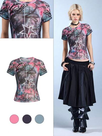 ROMWE Avant Women's Avant-Garde Retro Baddie Slogan Graffiti Lily Flower All-Over Print Deconstructed Short Sleeve T-Shirt