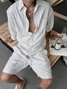 DAZY Bộ áo sơ mi dài tay kẻ sọc và quần short nam, thích hợp cho mùa hè. - Nhiều màu - Xem 6