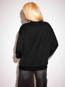 SHEIN Trolls Women's Letter & Cartoon Graphic Crew Neck Long Sleeve Sweatshirt - Black - View 2