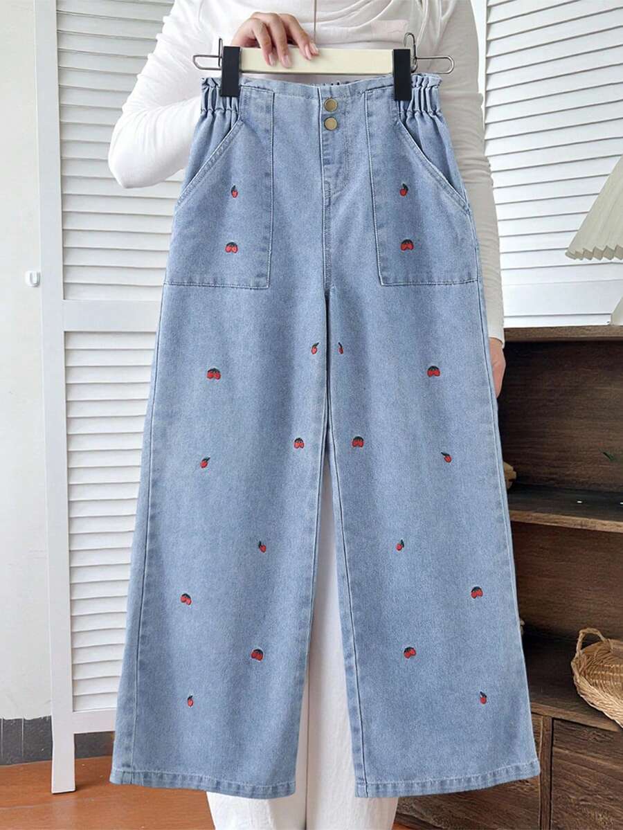 SHEIN Tween Girls' Y2K Washed Loose Casual Jeans With Cute Bow Embroidery, Versatile And Fashionable For Everyday Wear - Light Wash - View 1
