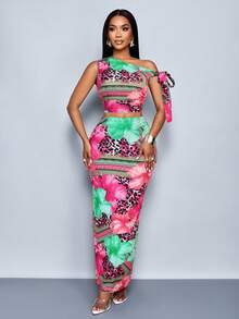 SOLERSUN Bộ đồ nữ đi nghỉ mát gồm áo croptop cổ lệch thắt nơ phía trước và chân váy bút chì in họa tiết da báo và nhiệt đới (Hoa văn ngẫu nhiên) - Màu Hồng Tươi - Xem 6