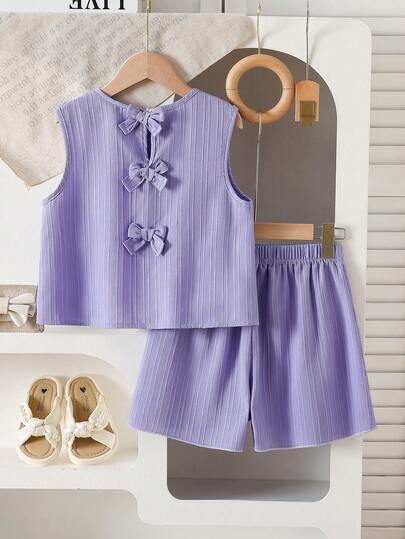 Elladie kids 少女夏季休闲度假通勤纯色纹理面料蝴蝶结露背无袖上衣和短裤套装