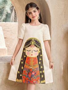 SHEIN 少女编织可爱图案圆领休闲连衣裙 - 金色 - 查看 2