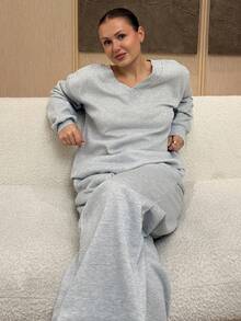 Kuleshova Women's Oversized V-Neck Fluffy Soft Stretch Loose Sweatshirt And Sweatpants 2 Pieces Set, Autumn/Winter - Multicolor - View 5