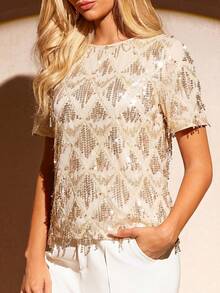 Amorya Women's Round Neck Sequin Patchwork Fashionable Versatile Commuting Short Sleeve Blouse - Apricot - View 5
