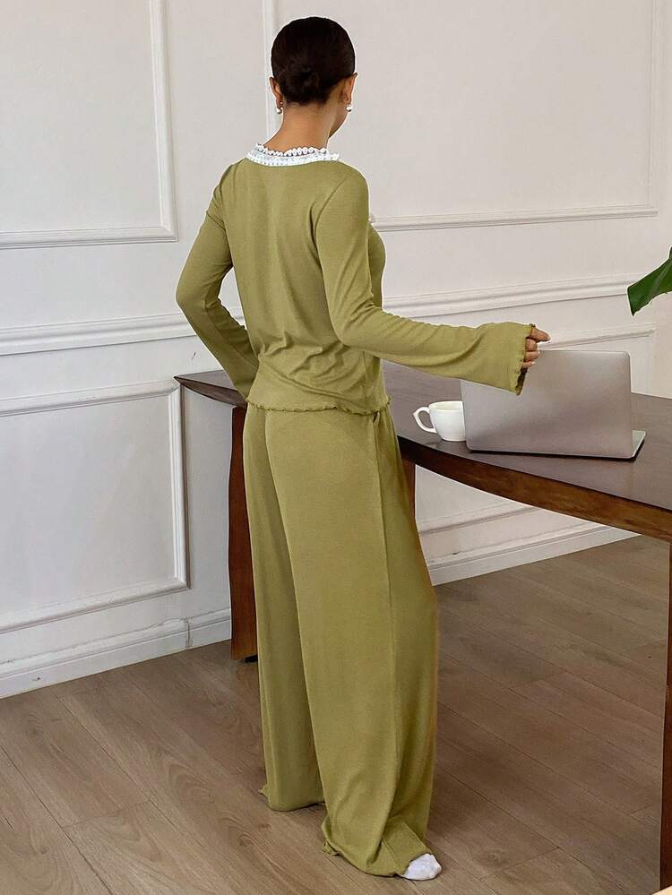 Green Patchwork Contrast Color Lace Trim Tie Neck Comfortable Knit Women Pajama Set