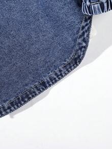 Girls' Light Blue Washed Denim Hooded Long Sleeve Jacket, Casual Loose Fit Denim Shirt Style Coat, Lightweight & Soft, Suitable For Daily Wear, School, Commute, Party, Home, Back To School Season - Dark Wash - View 4