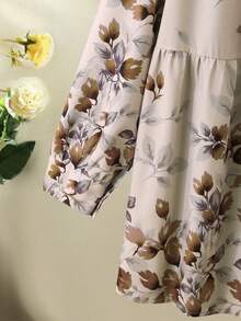 Lacomfia Ensemble 2 pièces grande taille pour femmes, Top à manches longues imprimé floral et pantalon de couleur unie. Tenue décontractée confortable. - Marron - Voir 6