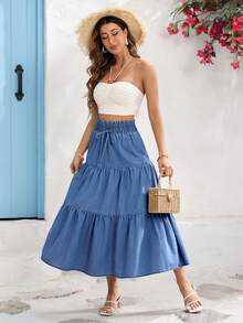 Vivid Eden Loose Casual Elastic Waist Women's Long Denim Skirt, Blue - Light Wash - View 4