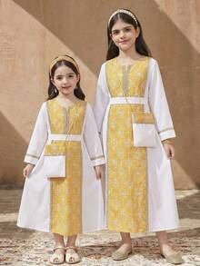 SHEIN Vestido de férias solto em linha A com bordados em blocos de cores para meninas pré-adolescentes - Multicolorido - Ver 2