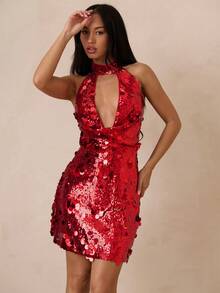 SHEIN Glamour 女士时尚性感派对亮片深V露背迷你连衣裙 - 紅色 - 查看 4