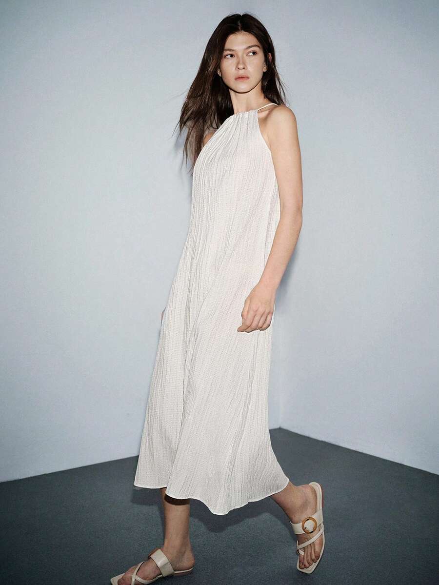 Lumivelle Textured Sleeveless Dress, Versatile Wear For Summer Vacation And Outings - Apricot - View 1