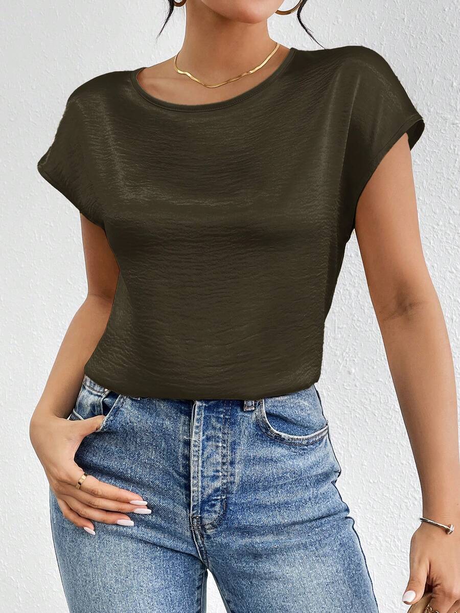 Firerie Blusa de satén con mangas de murciélago de unicolor para mujer - Marrón - Ver 1