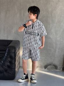 Mirajuku 2件組青少年男孩全印花連帽 Polo T恤與配套短褲，黑白配色，夏季街頭風城市度假舒適柔軟運動套裝 - 白色 - 查看 5