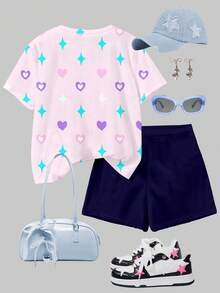 两件套少女休闲套装 - 亮粉色和藏蓝色动漫少女肖像印花短袖圆领T恤和短裤套装，适合春夏日常、居家、运动、上学、休闲放松等场合。 - 彩色 - 查看 2