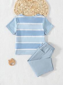两件套幼儿男童休闲条纹圆领短袖上衣和裤子套装 - 彩色 - 查看 2