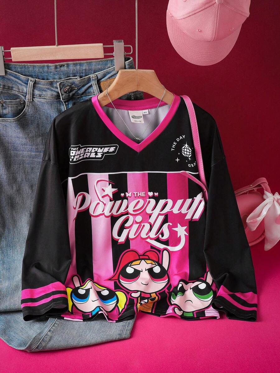 THE POWERPUFF GIRLS X SHEIN 少女扎染条纹花朵、泡泡、毛茛图案撞色V领宽松插肩长袖运动T恤 - 粉色 - 查看 1