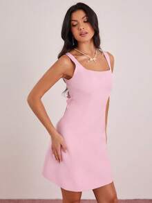 Enchnt Spring/Summer Romantic Women's Pink Big Bowknot Back Square Neck Sleeveless Fitted A-Line Mini Dress,Sweet&Elegant For Vacation&Date&Holiday&Going Out&Valentine's Day,Spring Outfit Women - Baby Pink - View 6