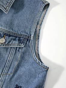 GlowEve 女士刺绣单排扣牛仔背心和牛仔迷你裙休闲套装 - 中等水洗藍 - 查看 5