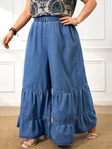 EMERY ROSE Plus Size Women Elastic Waist Ruffle Hem Wide Leg Loose Casual Jeans - Medium Wash - View 4