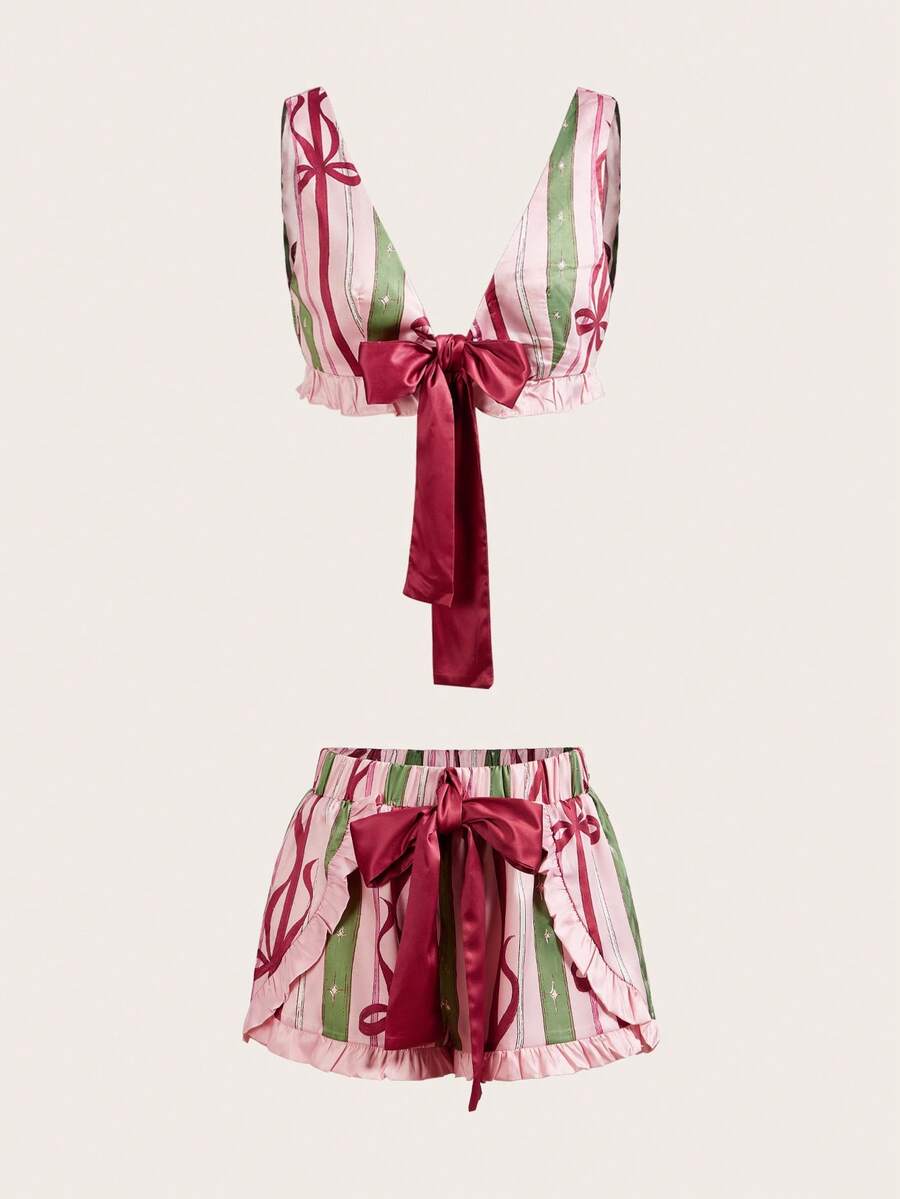 SHEIN Unity Pink Stripe Summer Cute Lounge Satin Pyjama Set,Bow Front Frill Hem Bralet Top & Mini Shorts Multipack,Christmas New Year Winter Cosy Girly Sleepwear - Multicolor - View 1