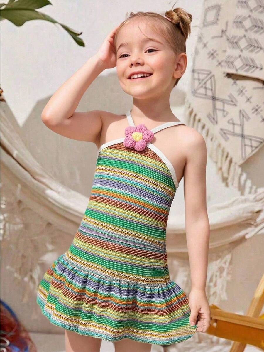 SHEIN Elladie kids Đầm hai dây hở lưng kẻ sọc cầu vồng thời trang ngọt ngào cho bé gái, trang phục dễ thương cho kỳ nghỉ hè. - Đỏ - Xem 1