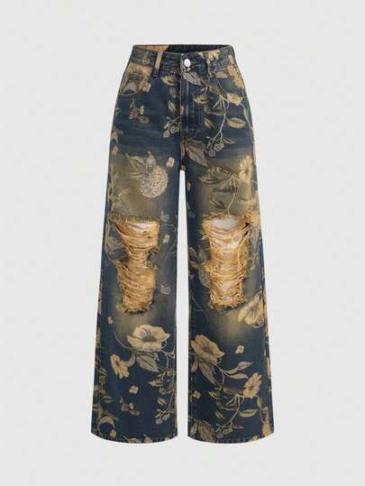 Fairycore Jeans ampi a vita alta con stampa floreale vintage lavati per donna