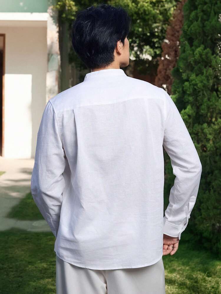 Men's Casual, Everyday, Workwear Solid Color Stand Collar Long Sleeve White Shirt, Spring/Autumn