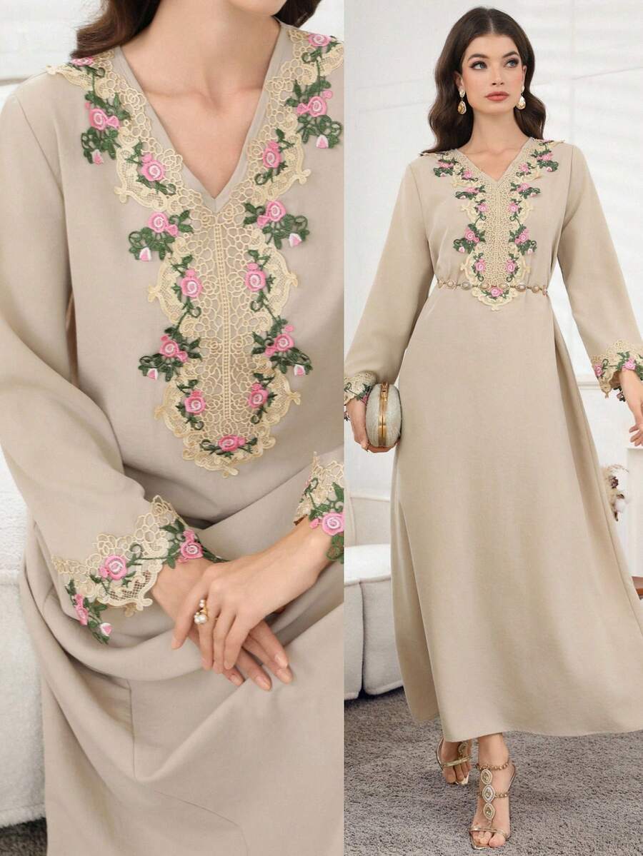 Yasmyna Women's Casual Vacation Style Patchwork Lace Applique V-Neck Flare Sleeve Loose Arabic Traditional Long Dress, Spring Arabic-Style Long Kaftan Robe, Arabic Women's Dress, Turkish Dress, Abaya Robe, Traditional Women's Dress Arabic Style Long Dress Kaftan Jalabiya Dress Arabic Dress For Women Turkish Dress Abaya Dress Abaya For Women - Apricot - View 1