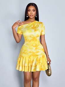 SOLERSUN Oblique Shoulder Waist Mini Dress With Gradient Smudged Random Floral Pattern, Elegant Sexy For Beach Vacation, Commuting - Yellow - View 5