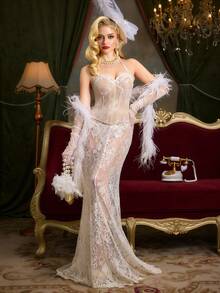 PinupPomp 1pc Beige Lace Backless Halter Neck Crop Top - Beige - View 2