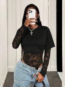 SHEIN PETITE Women's Long Sleeve Sexy Lace Bodysuit - Black - View 4