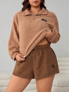 Solflare Plus Size Women Embroidered Elastic Waist Pockets Casual Shorts, Autumn/Winter - Brown - View 5