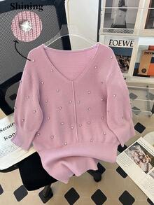 Franclia 女士春季V领水钻装饰纯色保暖毛衣，修身腰部设计，柔软针织短袖上衣，适合日常、通勤、居家、外出、感恩节等场合，女士春夏上衣 - 藕粉色 - 查看 3