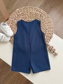 Vacation Style Baby Boy Romper Navy Blue Geometric Moon And Star Print Sleeveless Round Neck Short Design - Navy Blue - View 2