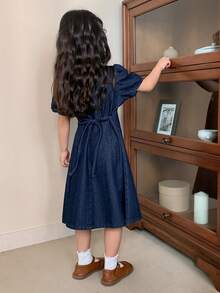 Dazy Kids Girls (Small) Round Neck Puff Sleeve Denim Dress - Blue - View 2