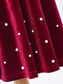 Glamorique Kids 女童复古优雅丝绒圆领长袖连衣裙，时尚串珠下摆装饰，秋冬款 - 酒紅色 - 查看 7